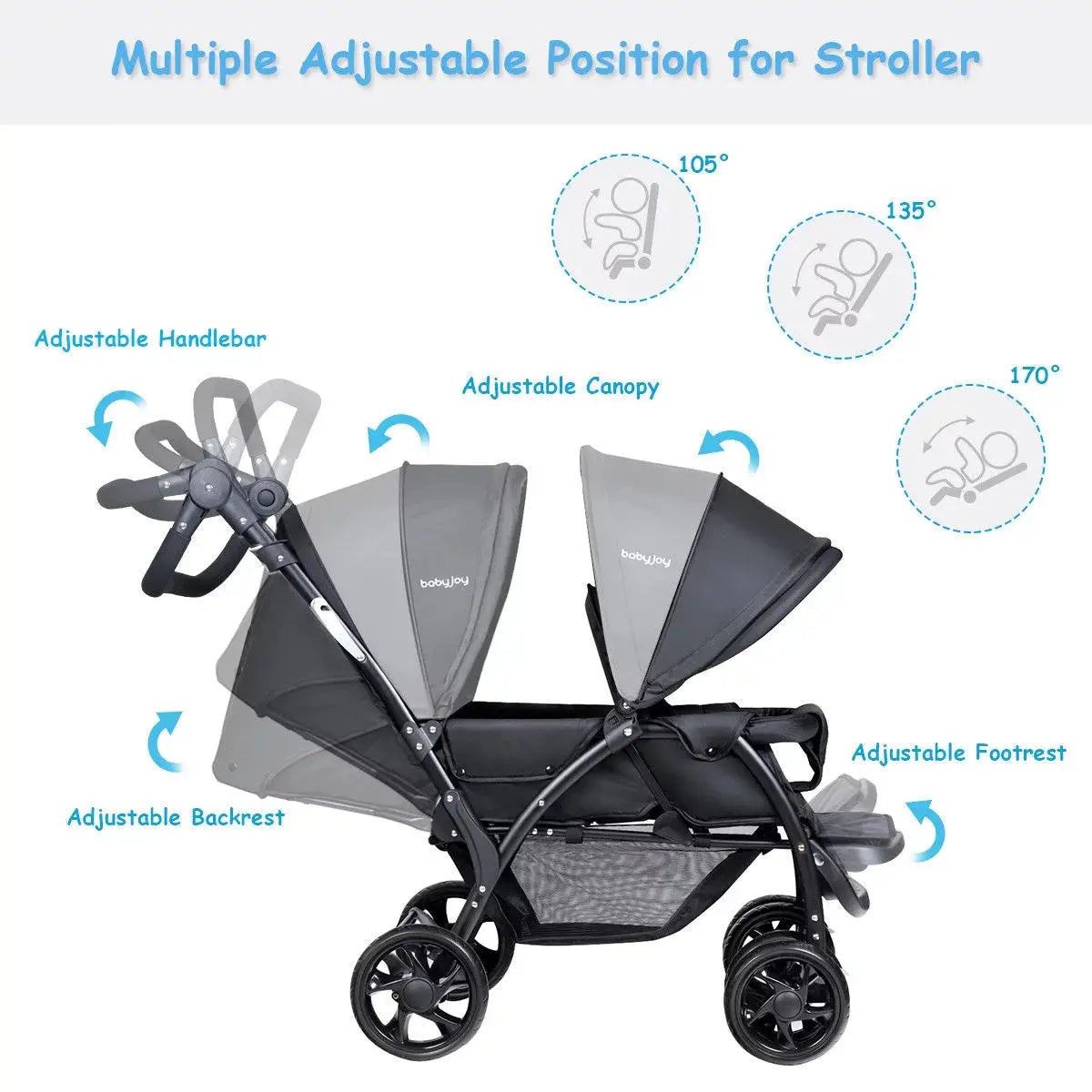 Foldable Double Baby Stroller Lightweight Front & Back Seats Pushchair Black
